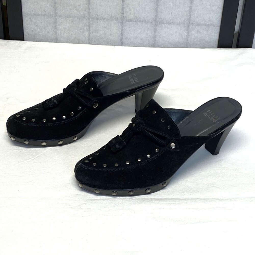 Stuart Weitzman Black Suede Studded Tassel Clog M… - image 4